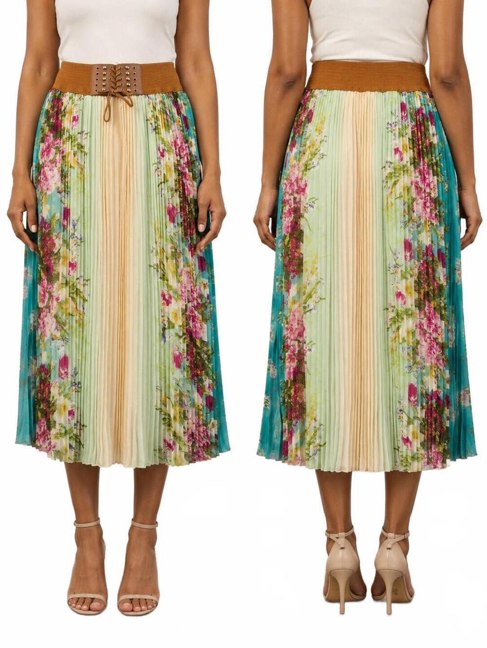 Mint Green Women's Pleated Maxi Skirt Features A Colorful Floral Print With Soft
